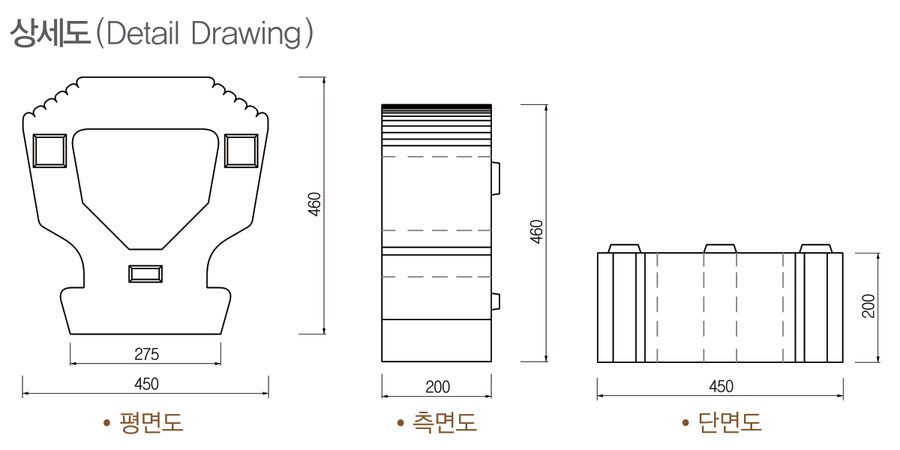 NEO 보강토블록(준중형) 상세도 — 평면도 450×460, 측면도, 단면도 높이 200